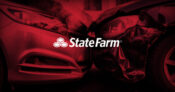 Image shows the State Farm logo over a car crash scene.