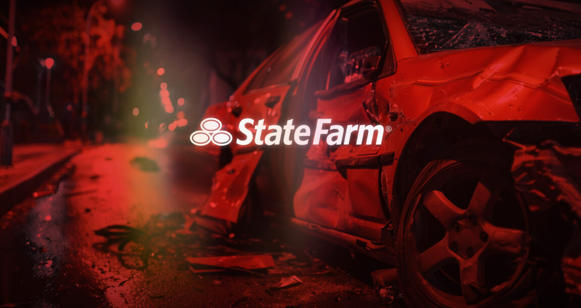 Image shows the State Farm logo over an accident scene.