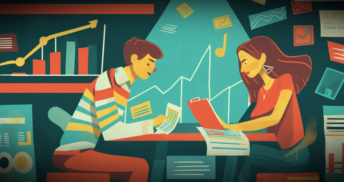 Graphic illustration of young man and woman with financial literacy materials. The-business-case-for-enhancing-your-clients-financial-literacy.