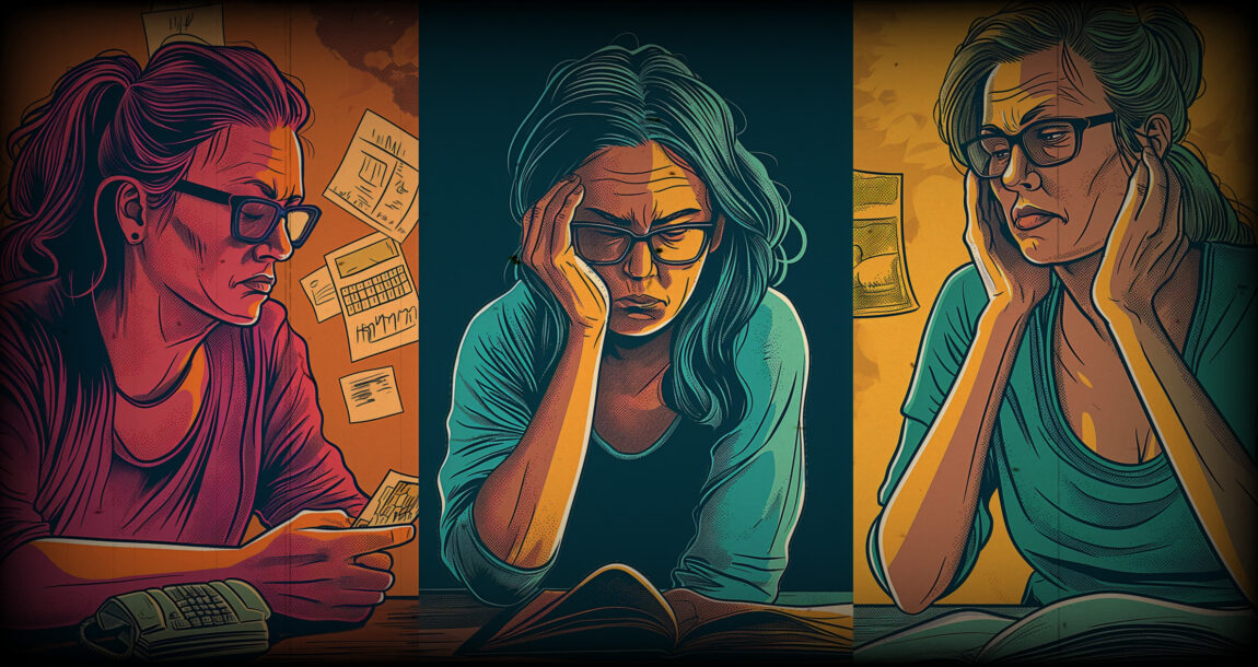 Illustration showing the same woman in three different vignettes, worried about her finances. The-triple-whammy-keeping-women-from-saving-for-retirement.