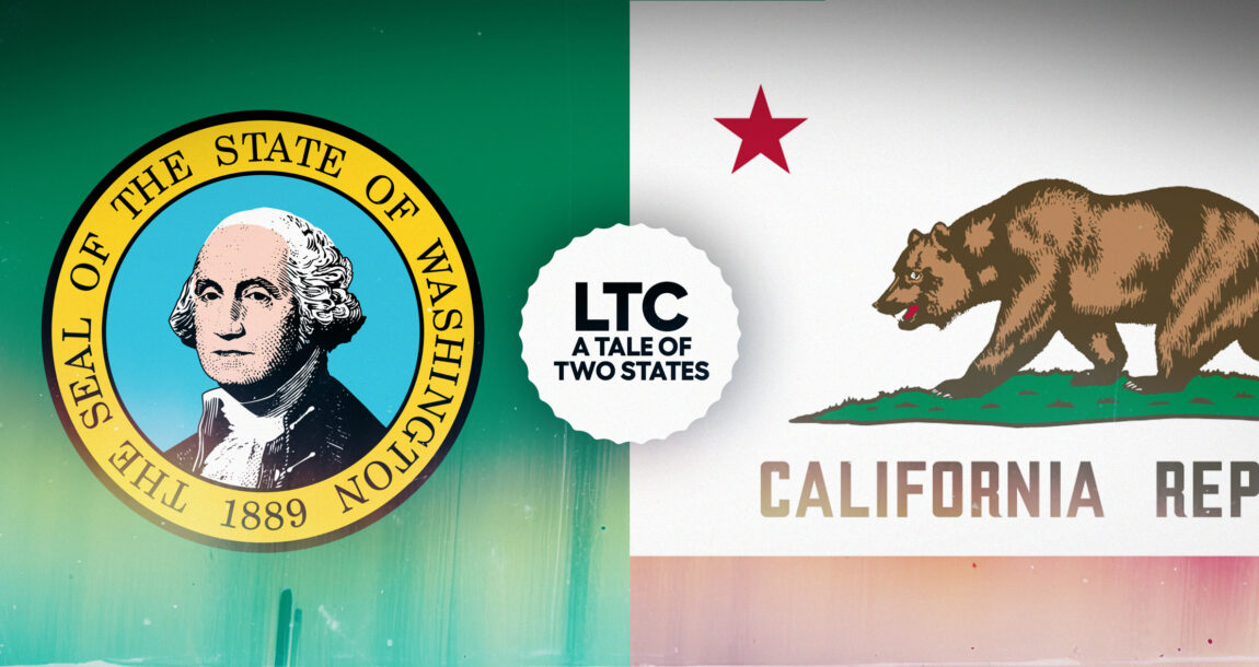 State seals of Washington and California, overlayed by the words: LTC A Tale of Two States. Washington-and-California-A-tale-of-two-states-and-LTC.