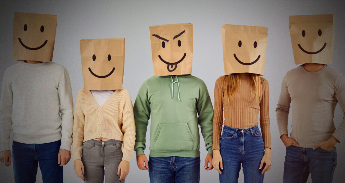 Image showing 5 people with paper bags over their heads, 4 of which have smiley faces and one of which has a frown with tongue sticking out. 1-in-5-in-study-admit-to-considering-insurance-fraud.