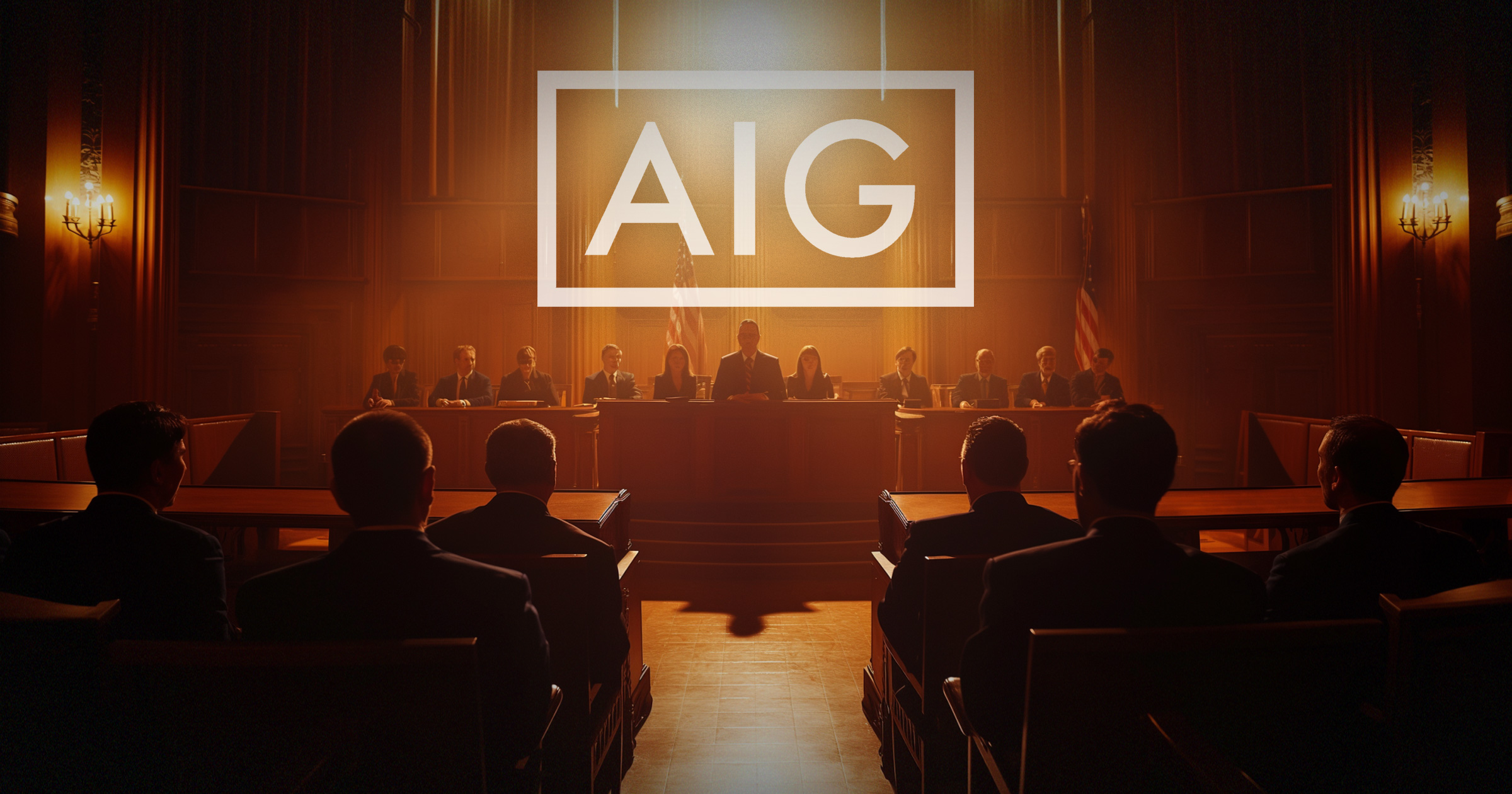 AIG logo displayed in jury room scene. AIG-guilty-on-unfair-practices,-but-cleared-of-acting-in-bad-faith.