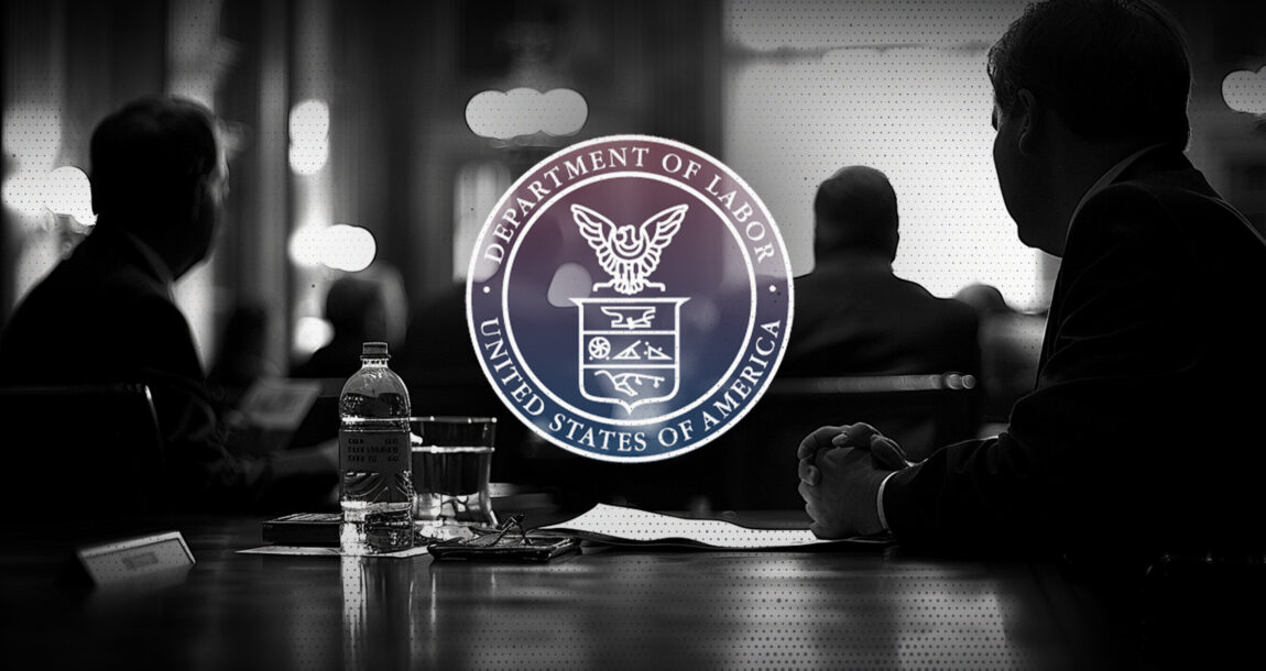 Image shows the Department of Labor logo and people shaded in the background.