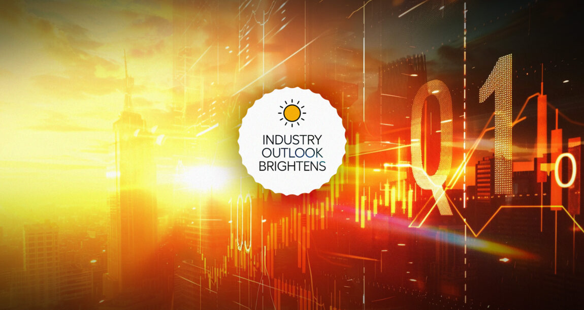 Image showing sun brightening over a metro financial area, with the label "Industry Outlook Brightens" overlapping. As-Q1-2024-earnings-near,-insurance-industry-outlook-brightens.