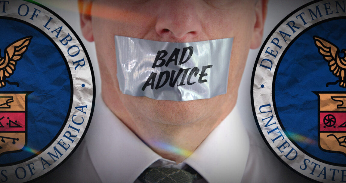 Image shows a man with his mouth covered by tape and the Department of Labor logo.