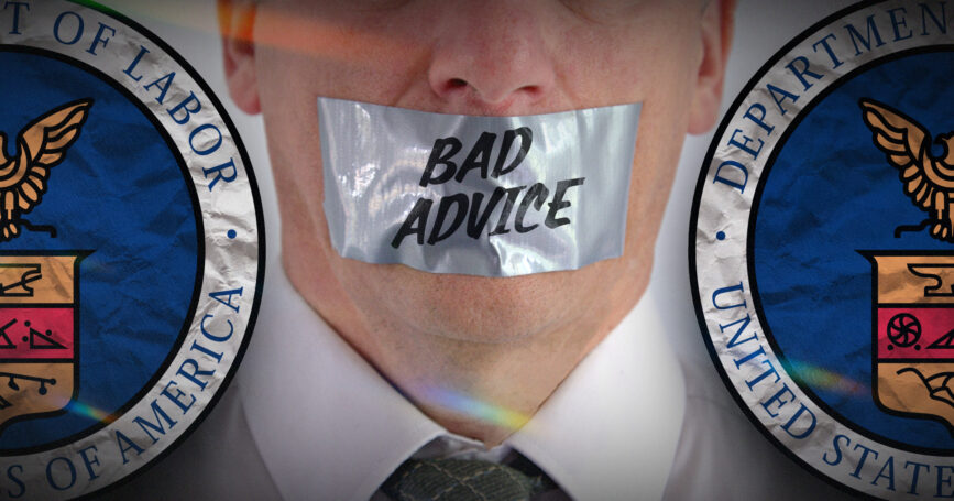 Image shows a man with his mouth covered by tape and the Department of Labor logo.