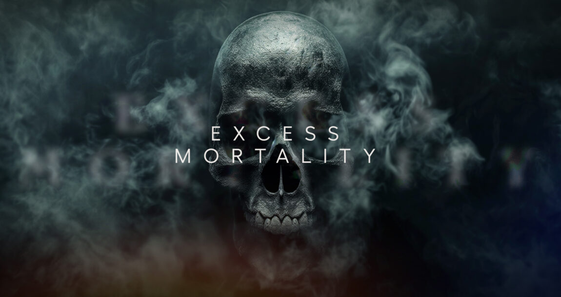Illustration of a dark skull with the words "Excess Mortality" emblazoned across it. Excess-Mortality-The-new-normal.