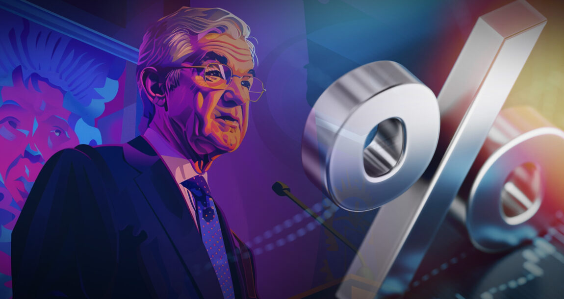 Illustration of Jerome Powell aside a huge illustration of a percent sign. Fed-unlikely-to-make-rate-cuts-soon-says-Powell.