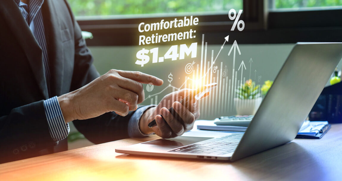 Image showing person planning retirement finances with a calculator, with the overlaying words: "Comfortable Retirement: $1.4M".