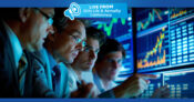 Illustration of a panel of people looking at monitors showing financial information. Panel-to-look-at-growth-of-RIAs,-as-channel-grows-in-number,-assets.