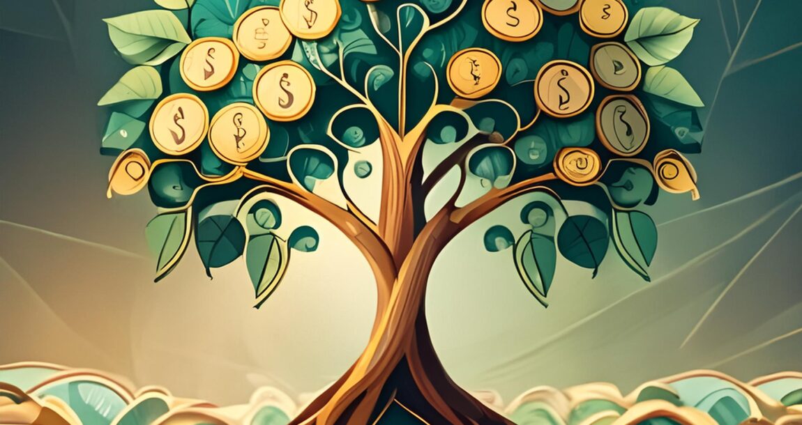 Image shows a tree with money hanging off it.