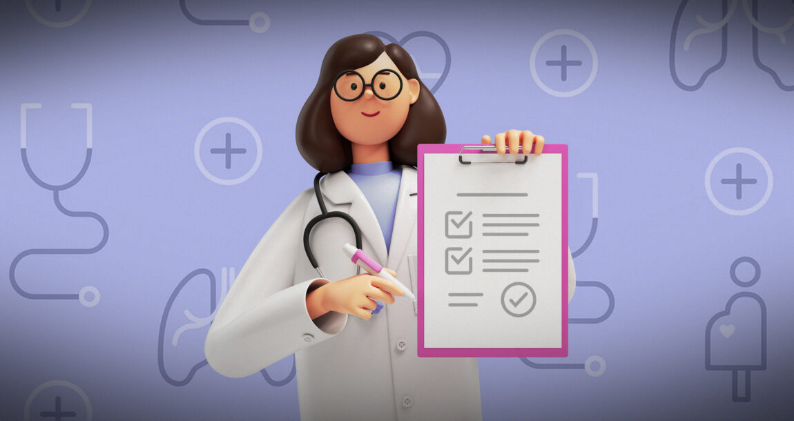 Illustration of a medical worker holding up a clipboard with a health survey. Survey-examines-what-drives-health-plan-choice,-satisfaction.