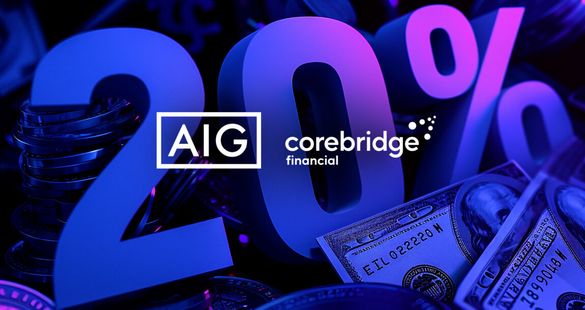 Image of AIG and Corebridge FInancial's logos, superimposed over a large "20%." AIG-Announces-Sale-of-a-20%-Ownership-Stake-of-Corebridge/