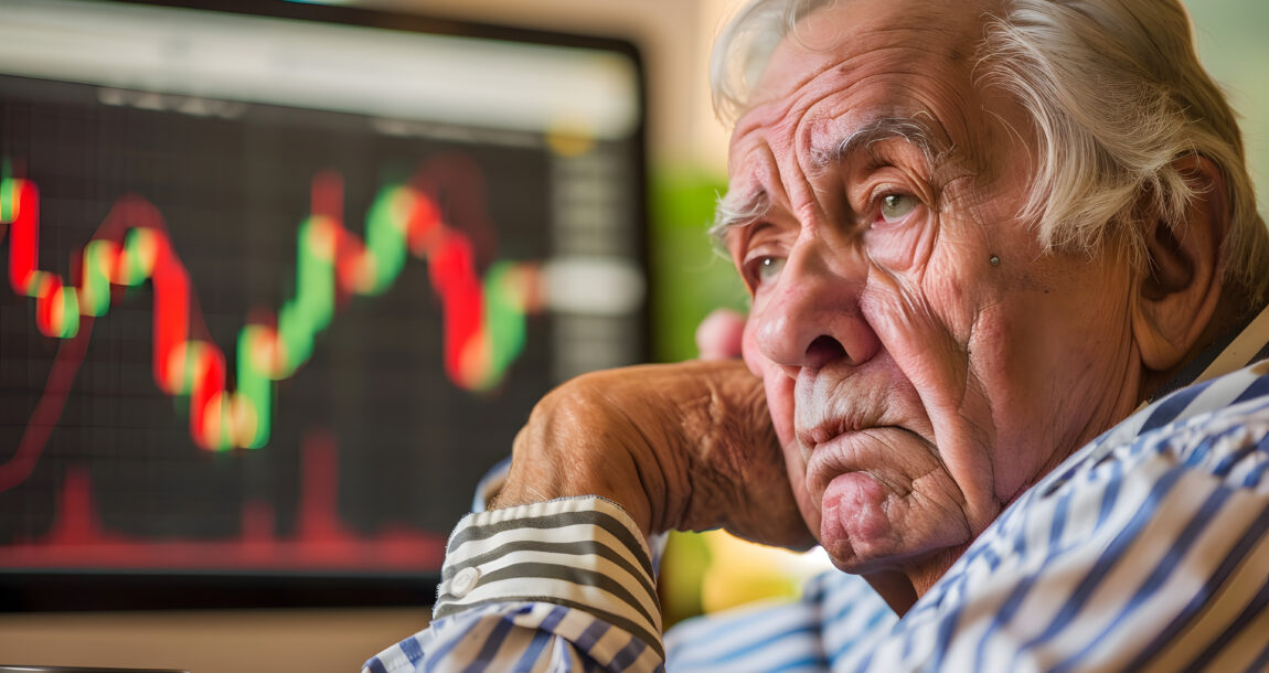 Image showing a senior citizen looking worried as a graph on a PC screen behind him trends downward. The retirement risks your client may not have considered.