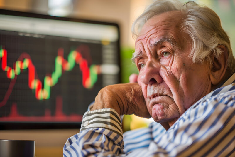 Image showing a senior citizen looking worried as a graph on a PC screen behind him trends downward. The retirement risks your client may not have considered.
