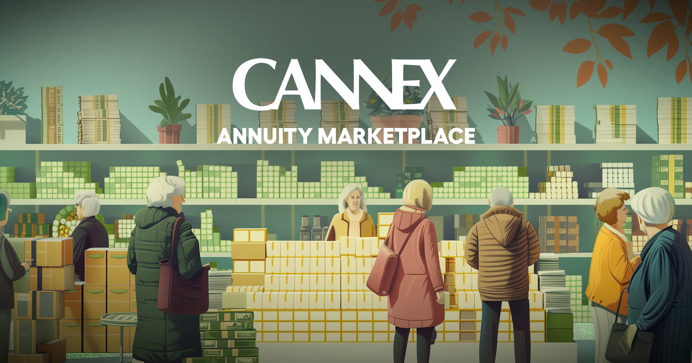 Illustration of people in a marketplace with the words "Cannex Annuity Marketplace" superimposed. CANNEX-Launches-Annuity-Marketplace.