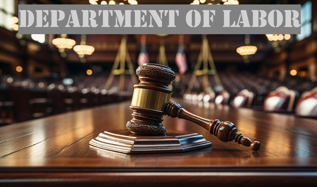 Image shows a court scene and the words, "Department of Labor."