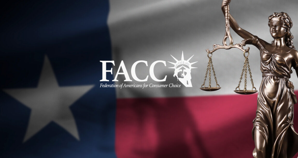 Image shows the FACC logo and justice scales against the Texas state flag.