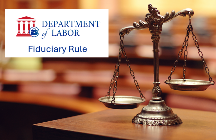 Image of the Scales of Justice with "The Department of Labor: Fiduciary Rule" words overlapping. Trump judge to hear first case challenging the DOL fiduciary rule.