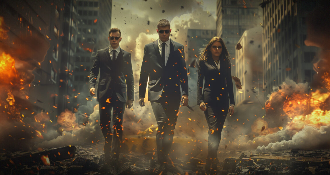 Image showing three dark, imposing figures dressed in business suits, wearing sunglasses, marching down the street in a financial district. Financial-services-firms-waging-war-for-share-of-consumers-wallets.