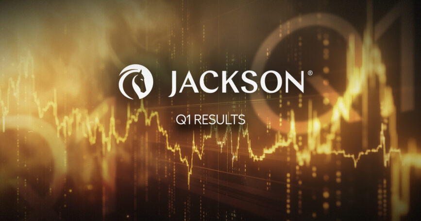 Image of the Jackson FInancial logo over a background of financial charts and graphs. Jackson-earnings-q1-2024.