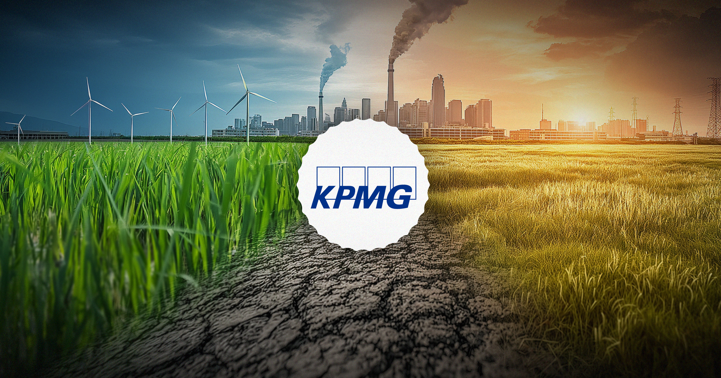 Image showing a split screen image of a dirty factory with dying grass and vegetation vs. a green factory with windmills and other green energy sources. KPMG-panelists-debunk-ESG-myths-surrounding-new-SEC-climate-rules.