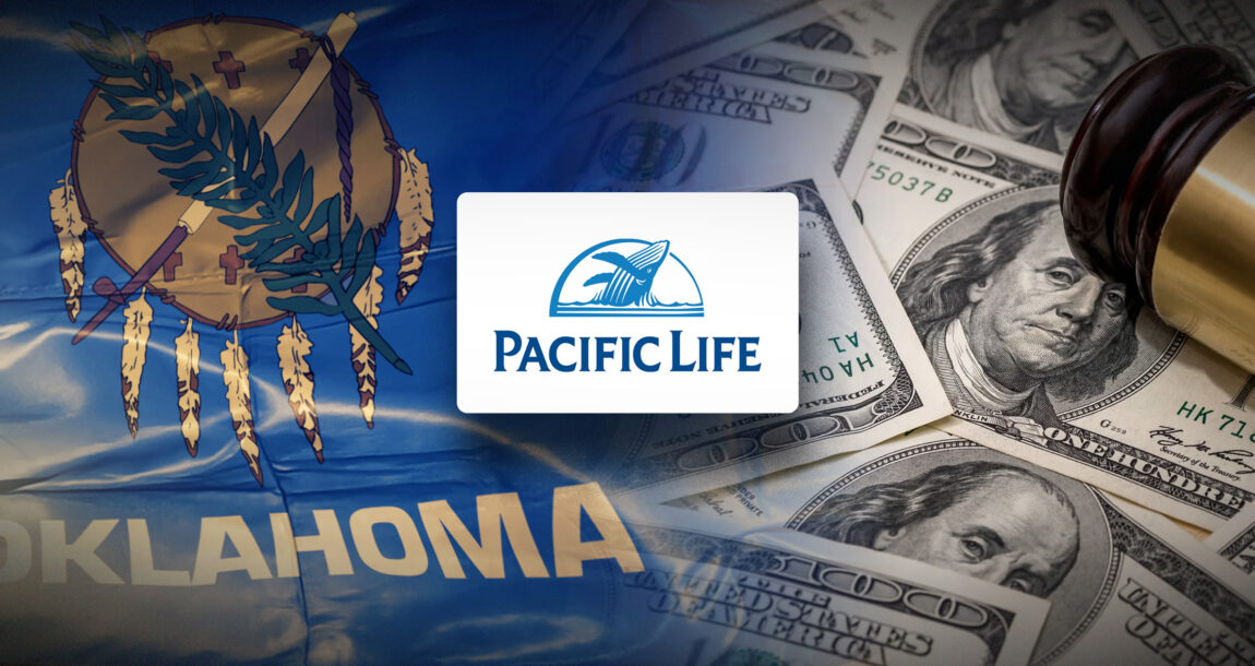 Image shows paper money and the Oklahoma state flag with the PacLife logo over the top.