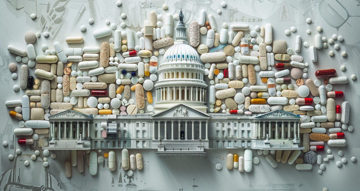 Photo illustration showing the capitol building surrounded by many prescription pills. Prescription-drug-issues-dominate-health-care-policy-in-2024.