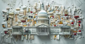 Photo illustration showing the capitol building surrounded by many prescription pills. Prescription-drug-issues-dominate-health-care-policy-in-2024.