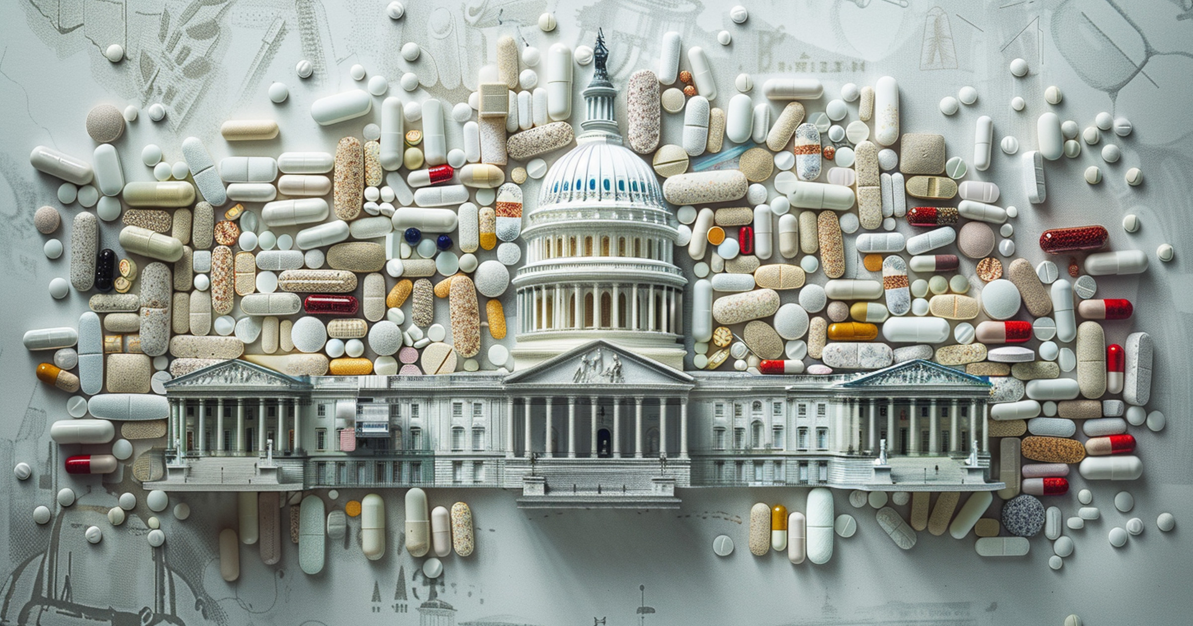Photo illustration showing the capitol building surrounded by many prescription pills. Prescription-drug-issues-dominate-health-care-policy-in-2024.