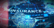 Image shows the word "reinsurance" over a map of the world.