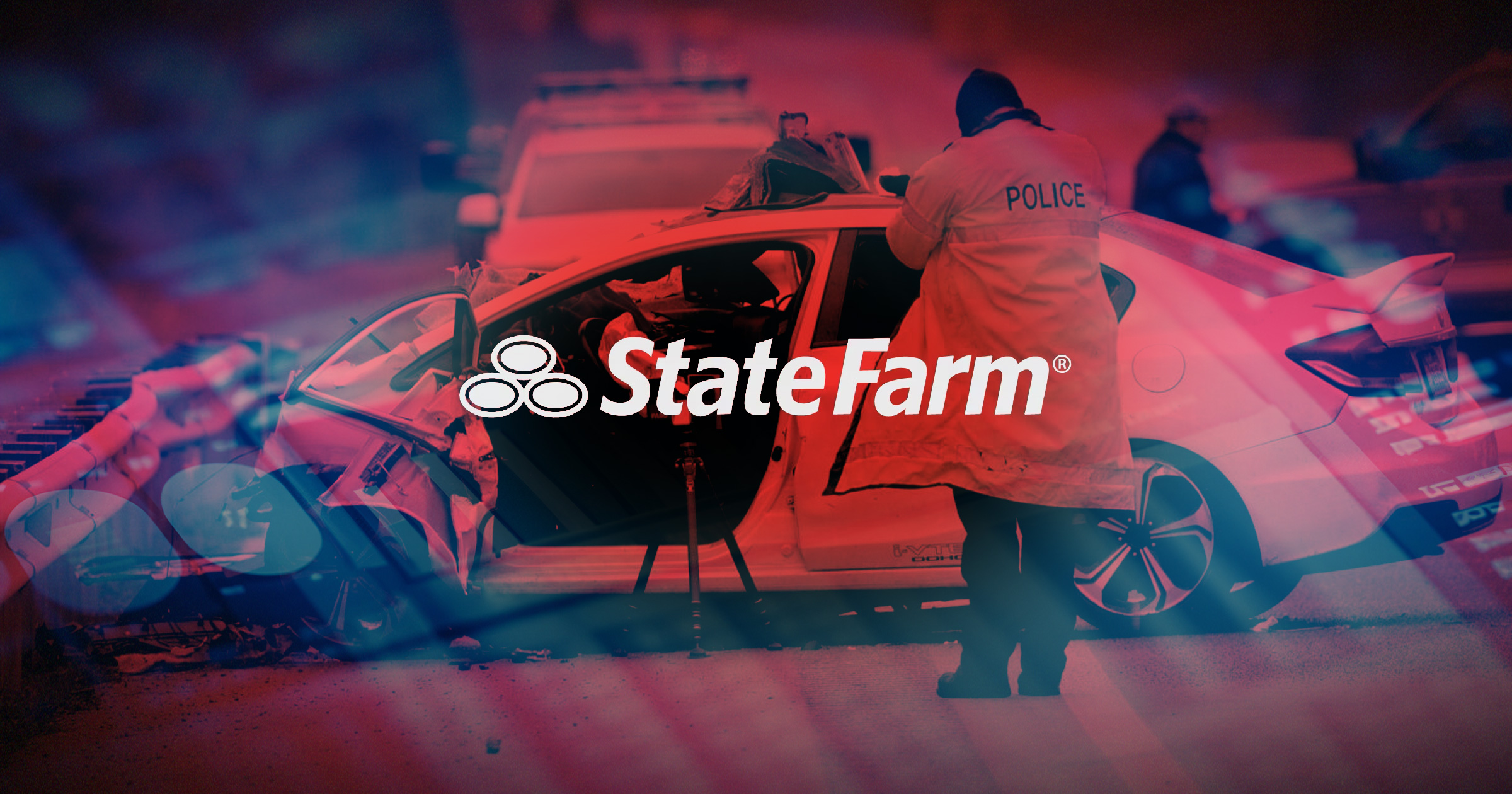Image shows the State Farm logo over a picture of a crash.