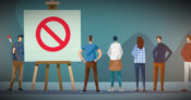 Illustration of a group of workers looking at a sign that has a "do not enter" symbol on it. Workplace-retirement-plan-access--More-needs-to-be-done.