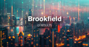 Image showing Brookfield logo against a background of a financial district. brookfield-q1-earnings-2024