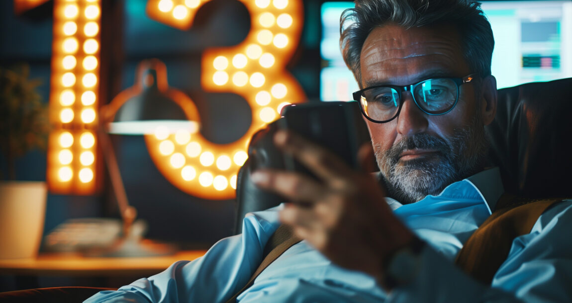 Image of a financial advisor engrossed on his phone, with the number "13" in lights behind him. 13-tips-for-advisors-to-overcome-procrastination.