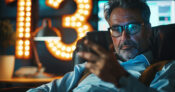 Image of a financial advisor engrossed on his phone, with the number "13" in lights behind him. 13-tips-for-advisors-to-overcome-procrastination.