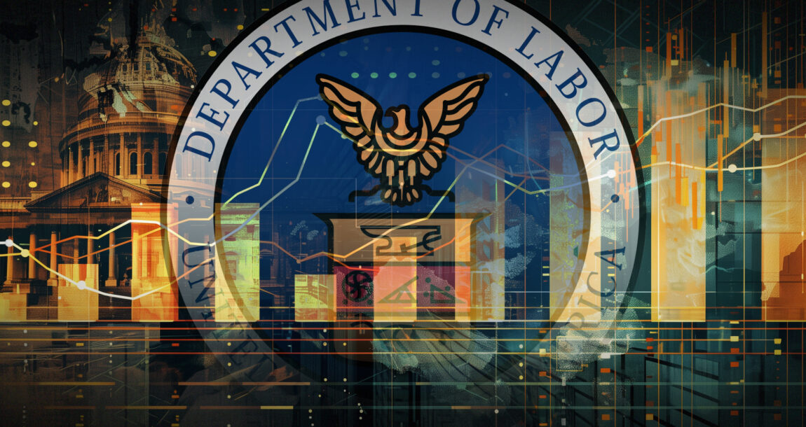 Image of the Department of Labor logo against a background of financial charts and graphs. Coming-DOL-fiduciary-rule-likely-pushing-annuity-sales-higher-Wink-says.