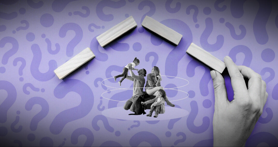 Image shows a young family surrounded by question marks.