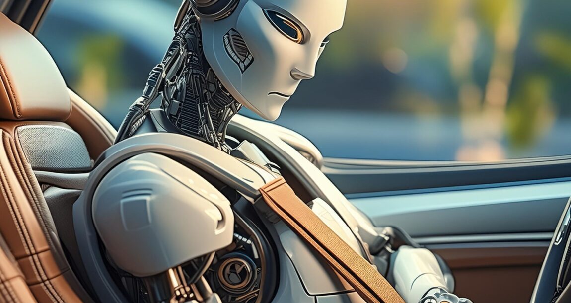 Image of futuristic robot buckling up in an auto. Experts warn insurance industry to buckle up for AI regulation, litigation.