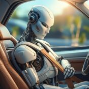Image of futuristic robot buckling up in an auto. Experts warn insurance industry to buckle up for AI regulation, litigation.