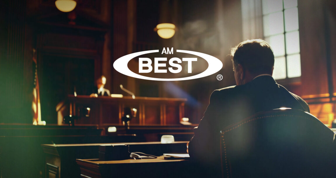 Image of a courtroom with the logo of A.M. Best overlaying it. Insurers-AM-Best-reach-preliminary-settlement-in-financial-ratings-case.