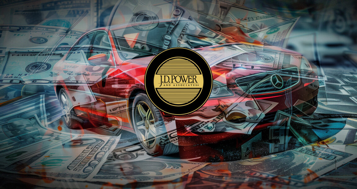 Illustration of the J.D. Power logo against a background of a sleek car, wrapped in cash. JD-Power-study-looks-at-rising-auto-insurance-costs-consumer-trust.