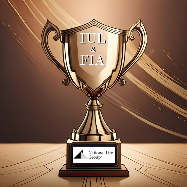 Illustration of a trophy with the name "National Life Group" with "IUL" and "FIA" engraved on the front. National Life Group is a 'progressive mutual,' CEO says, with record sales.