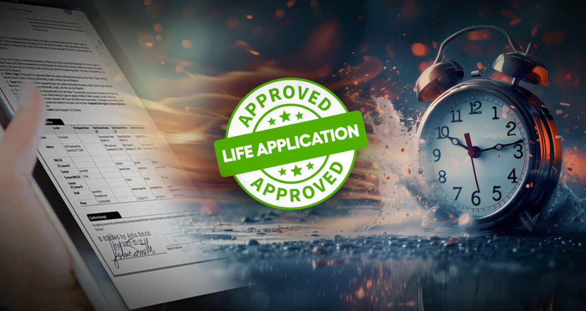 Image shows a life insurance application with an "approved" logo over top.