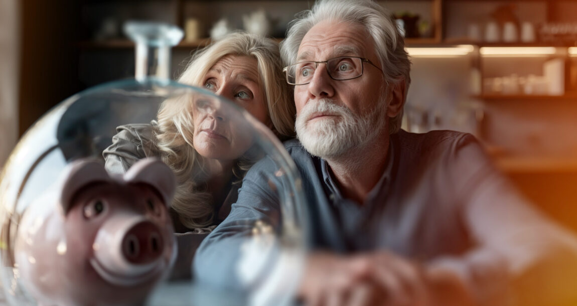 Image of senior couple looking concerned as they sit aside a symbolic piggy bank. Retirement-confidence-at-record-low-but-will-it-improve.