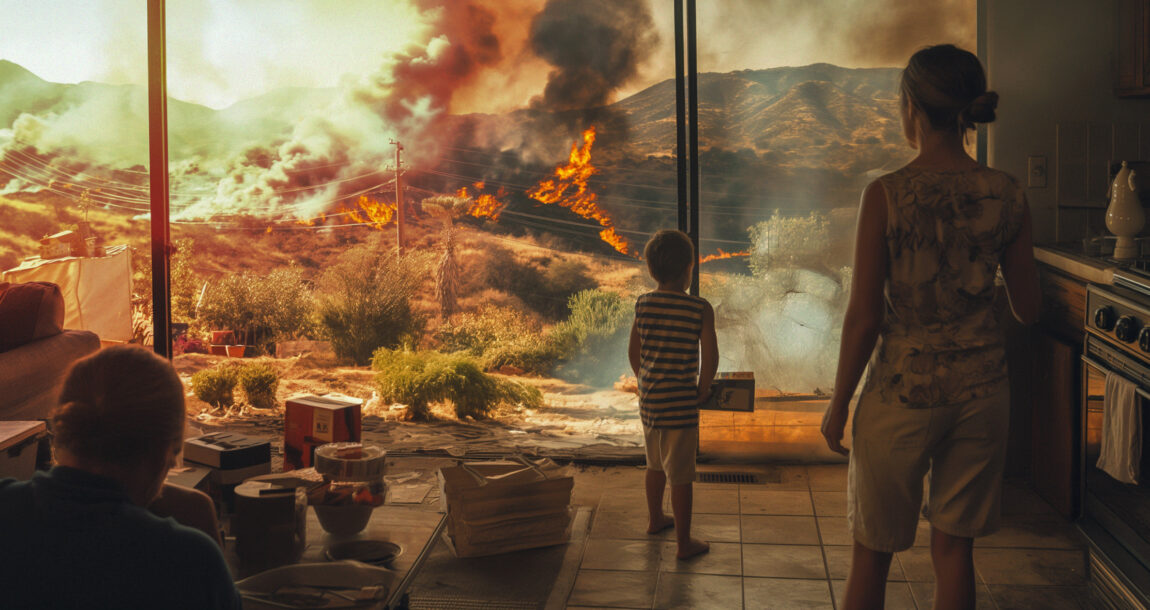 Image of family looking out of their home, staring as wildfire approaches. With-more-people-living-in-harms-way-insurance-rates-soar.