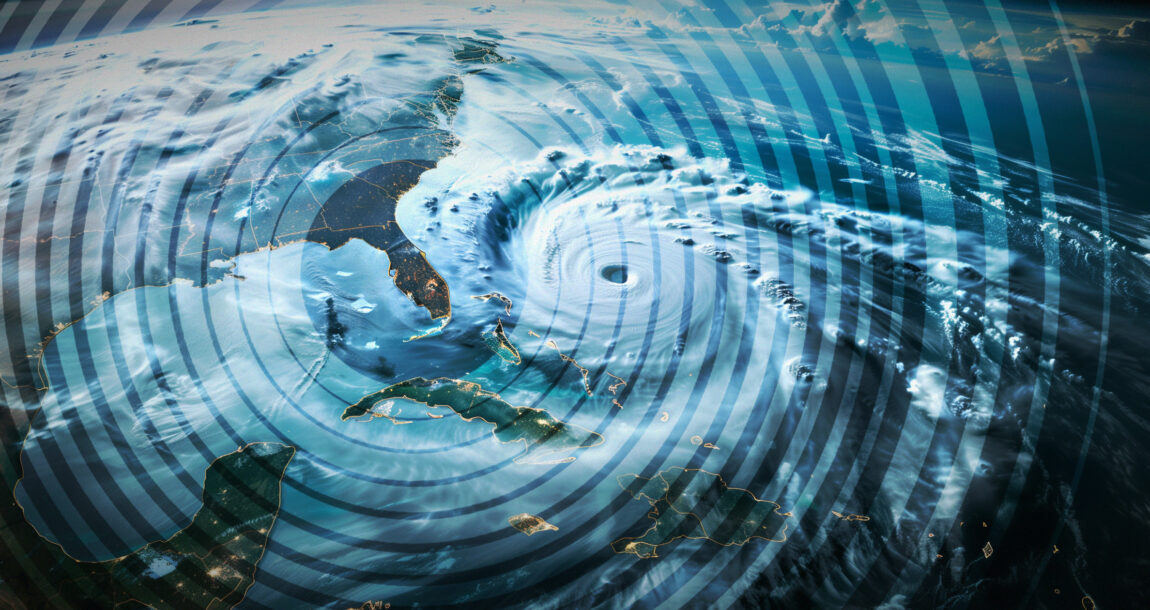 Image of the globe from space, centering on Florida and showing climate disturbances. 1-in-7-Floridians-lacks-homeowners-insurance-despite-major-climate-risks.