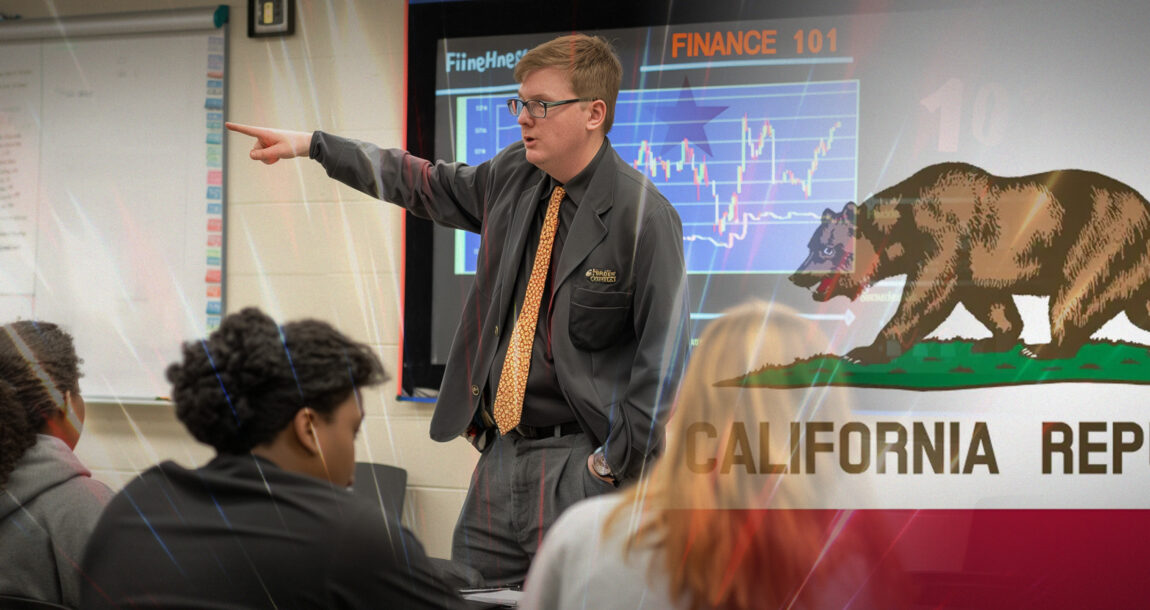 California state seal overlays an image of classroom where personal financial education is being taught. Calif-law-requires-high-schoolers-to-take-personal-finance-class.