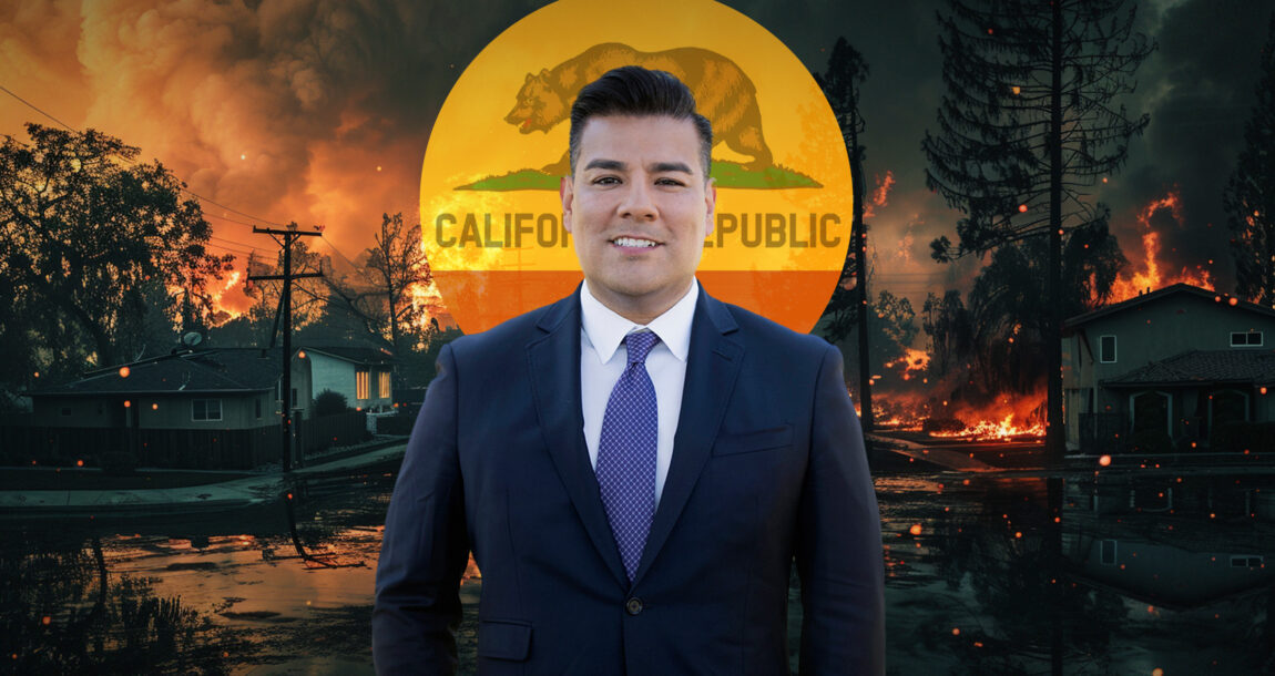 California Insurance Commissioner Lara standing against a backdrop of raging wildfires and the California state seal. Commissioner-attempts-to-address-Calif-insurance-crisis-head-on.